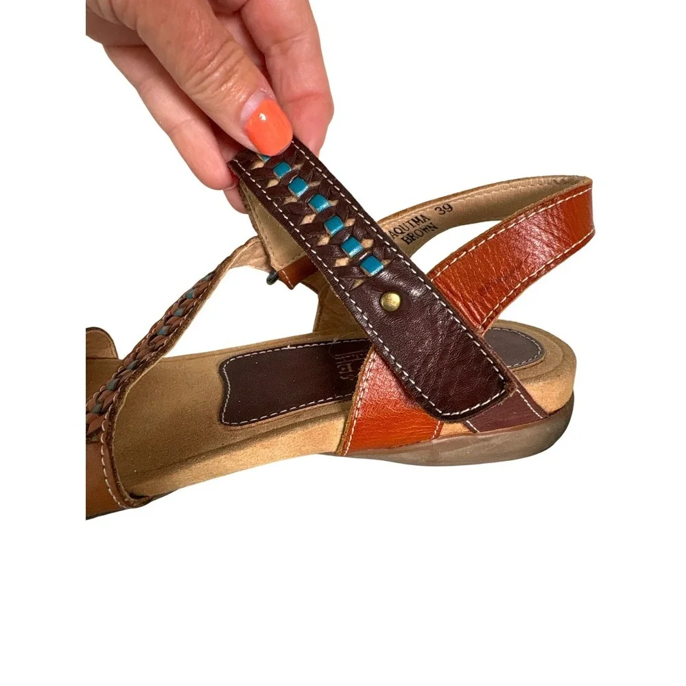 L'Artiste Spring Step Joaquima Leather Braided Slingback Sandals Brown Size 39